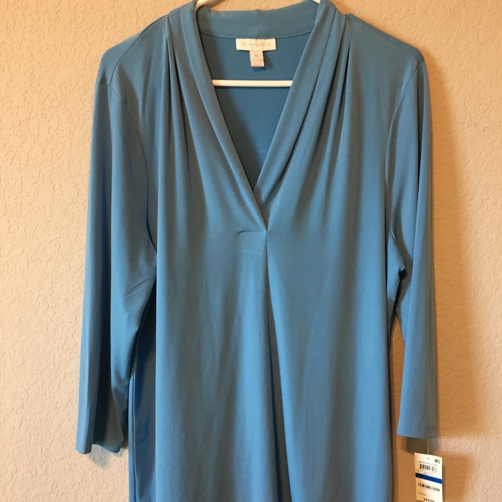 Beautiful Charter Club wedge wood blue poly/spandex blouse.  22 wide by 27 long